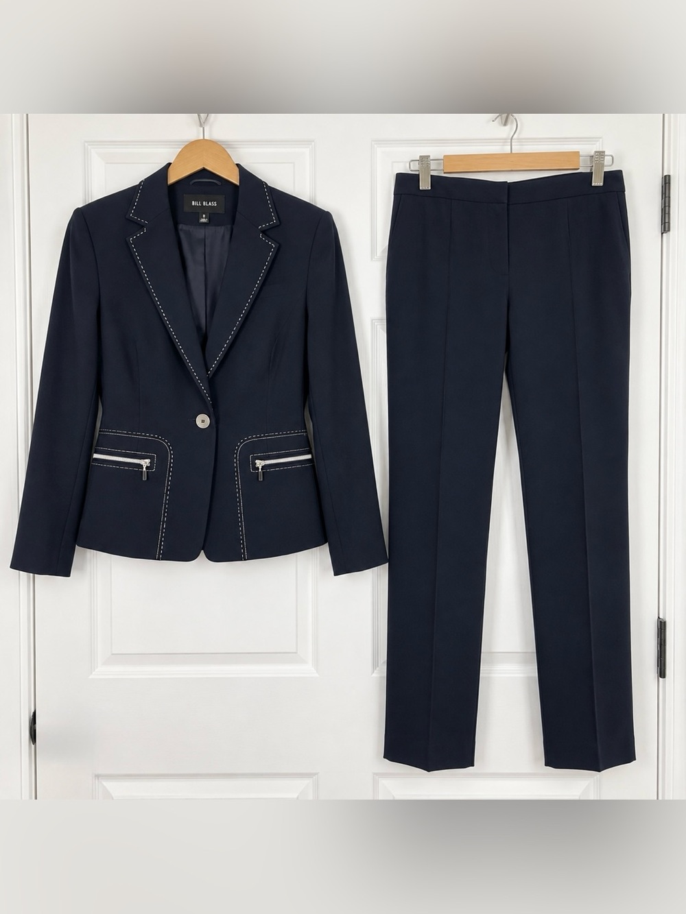 Bill Blass 2 Piece Navy Pantsuit Set - Blazer Pants Contrast Stitch Size 12